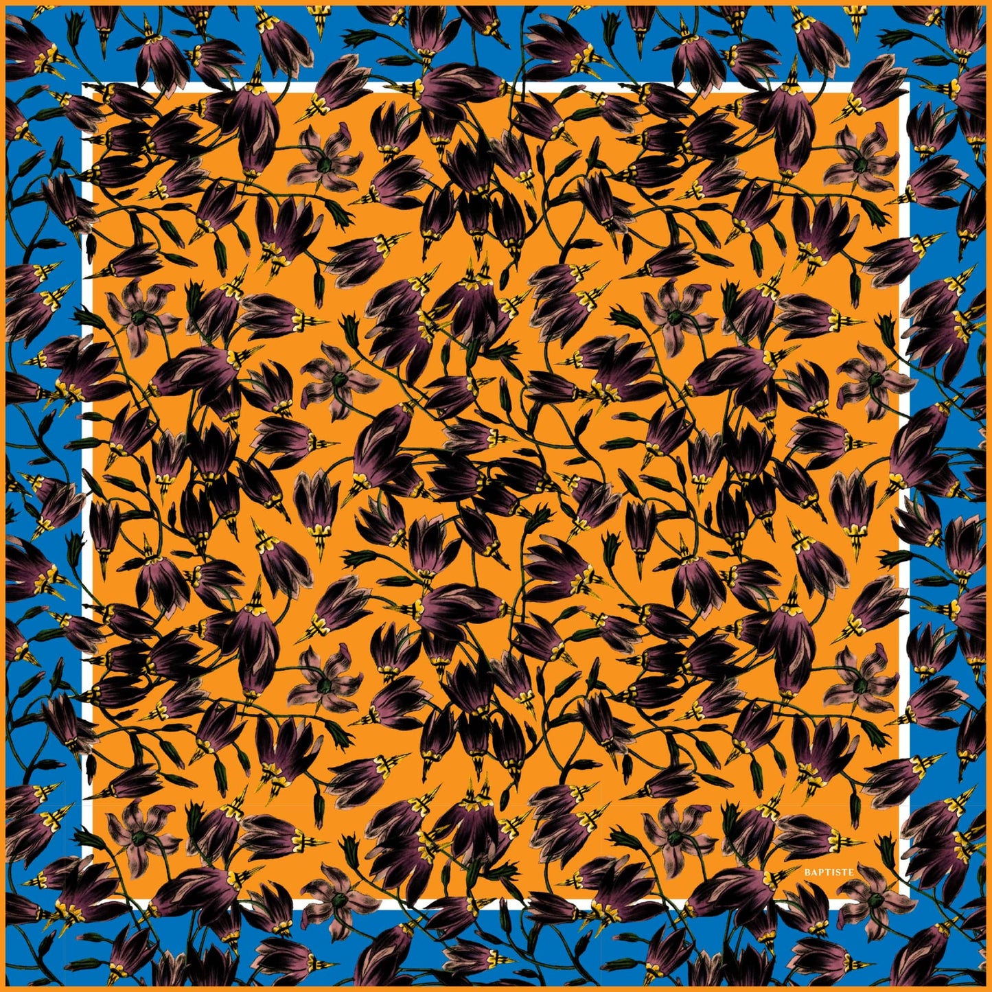 BAPTISTE Scarves Saffron / Blue / Square Scarf / 85cm x 85cm | 33.45 in x 33.45 in Pasque Print Silk Satin Scarf - Saffron