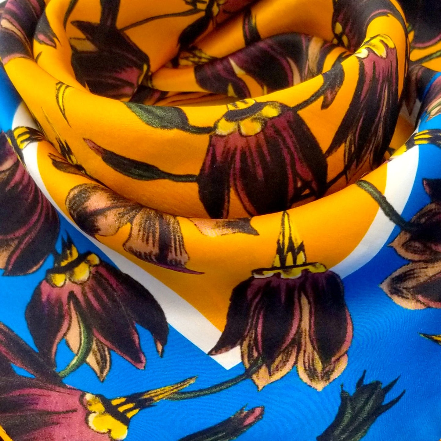 BAPTISTE Scarves Saffron / Blue / Square Scarf / 85cm x 85cm | 33.45 in x 33.45 in Pasque Print Silk Satin Scarf - Saffron
