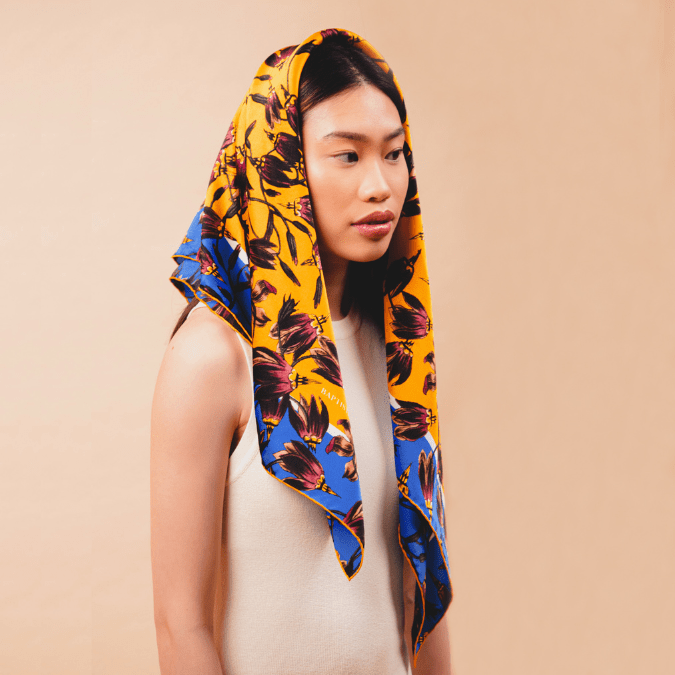 BAPTISTE Scarves Saffron / Blue / Square Scarf / 85cm x 85cm | 33.45 in x 33.45 in Pasque Print Silk Satin Scarf - Saffron