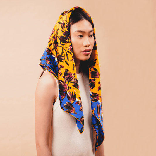 BAPTISTE Scarves Saffron / Blue / Square Scarf / 85cm x 85cm | 33.45 in x 33.45 in Pasque Print Silk Satin Scarf - Saffron