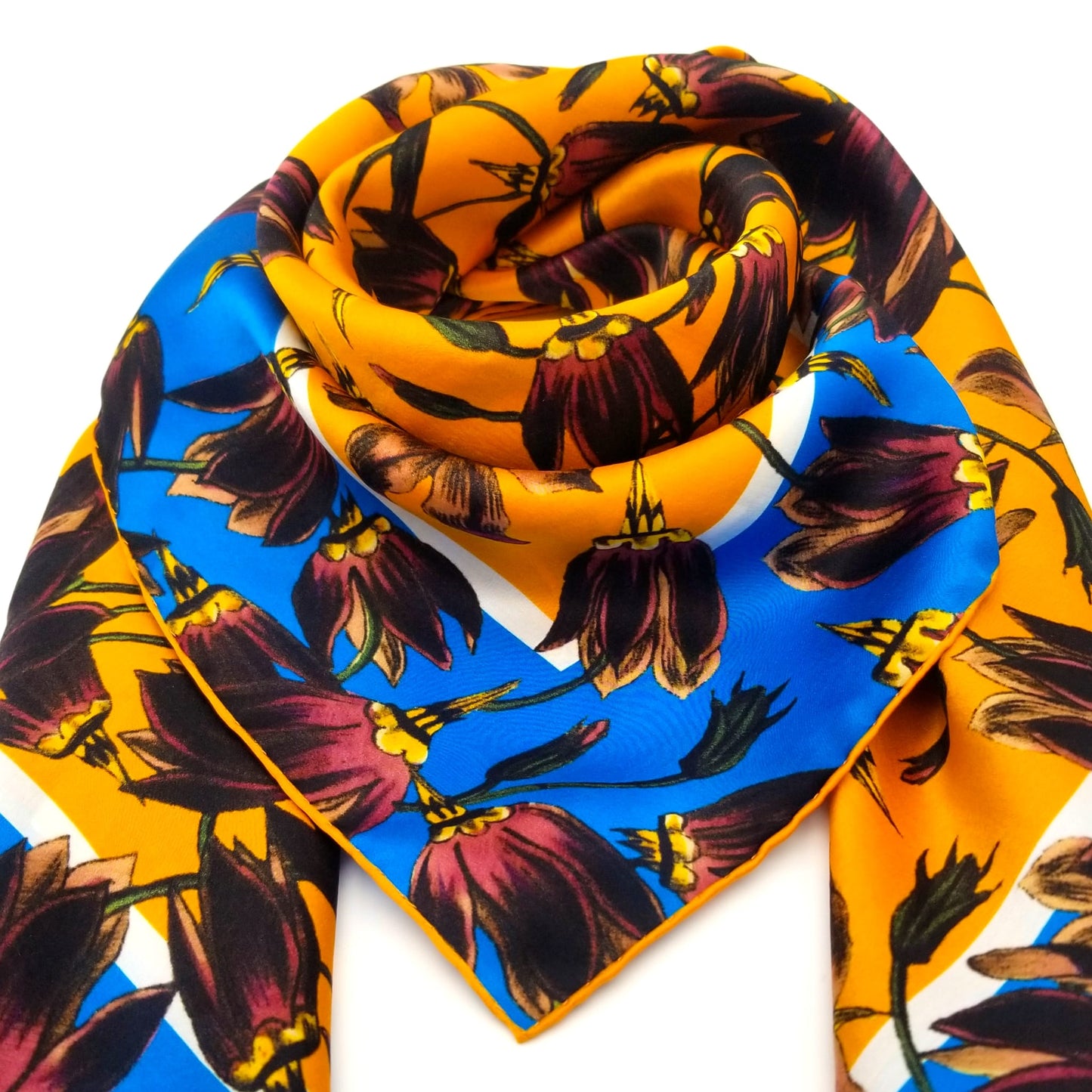 BAPTISTE Scarves Saffron / Blue / Square Scarf / 85cm x 85cm | 33.45 in x 33.45 in Pasque Print Silk Satin Scarf - Saffron