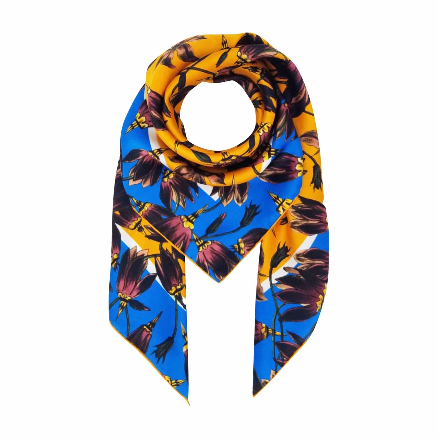 BAPTISTE Scarves Saffron / Blue / Square Scarf / 85cm x 85cm | 33.45 in x 33.45 in Pasque Print Silk Satin Scarf - Saffron