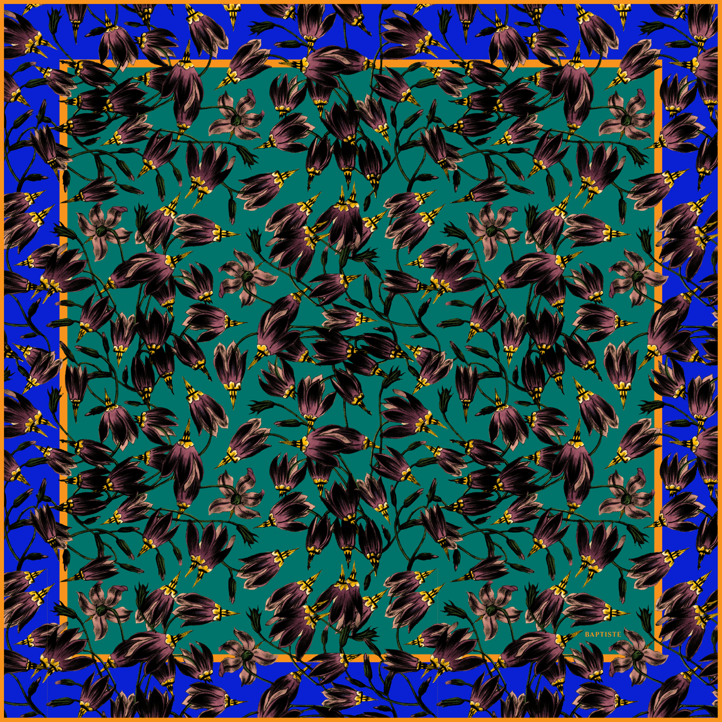 BAPTISTE Scarves Saffron / Green / Square Scarf / 85cm x 85cm | 33.45 in x 33.45 in Pasque Print Silk Satin Scarf - Green