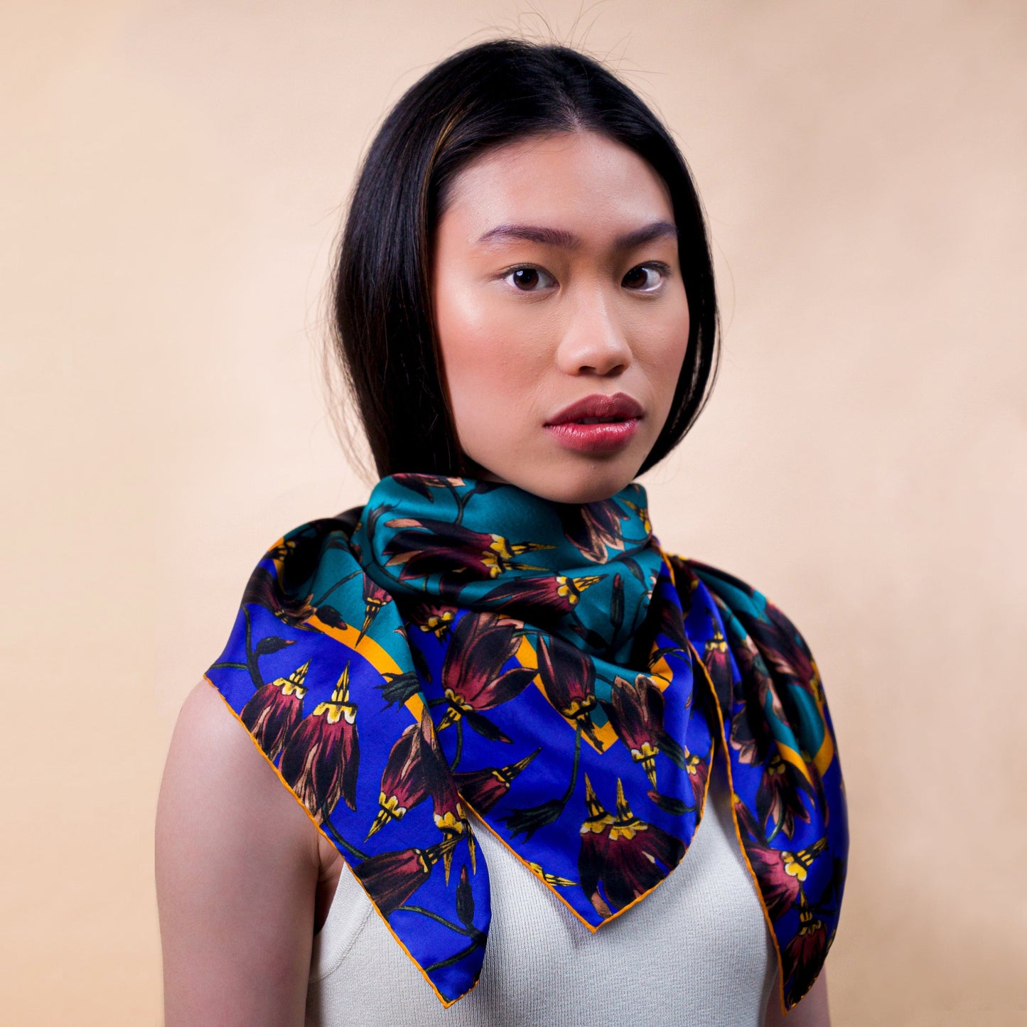 BAPTISTE Scarves Saffron / Green / Square Scarf / 85cm x 85cm | 33.45 in x 33.45 in Pasque Print Silk Satin Scarf - Green