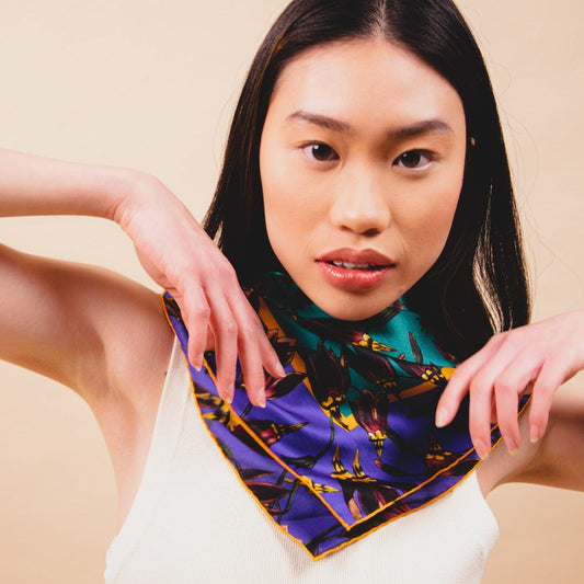 BAPTISTE Scarves Saffron / Green / Square Scarf / 85cm x 85cm | 33.45 in x 33.45 in Pasque Print Silk Satin Scarf - Green