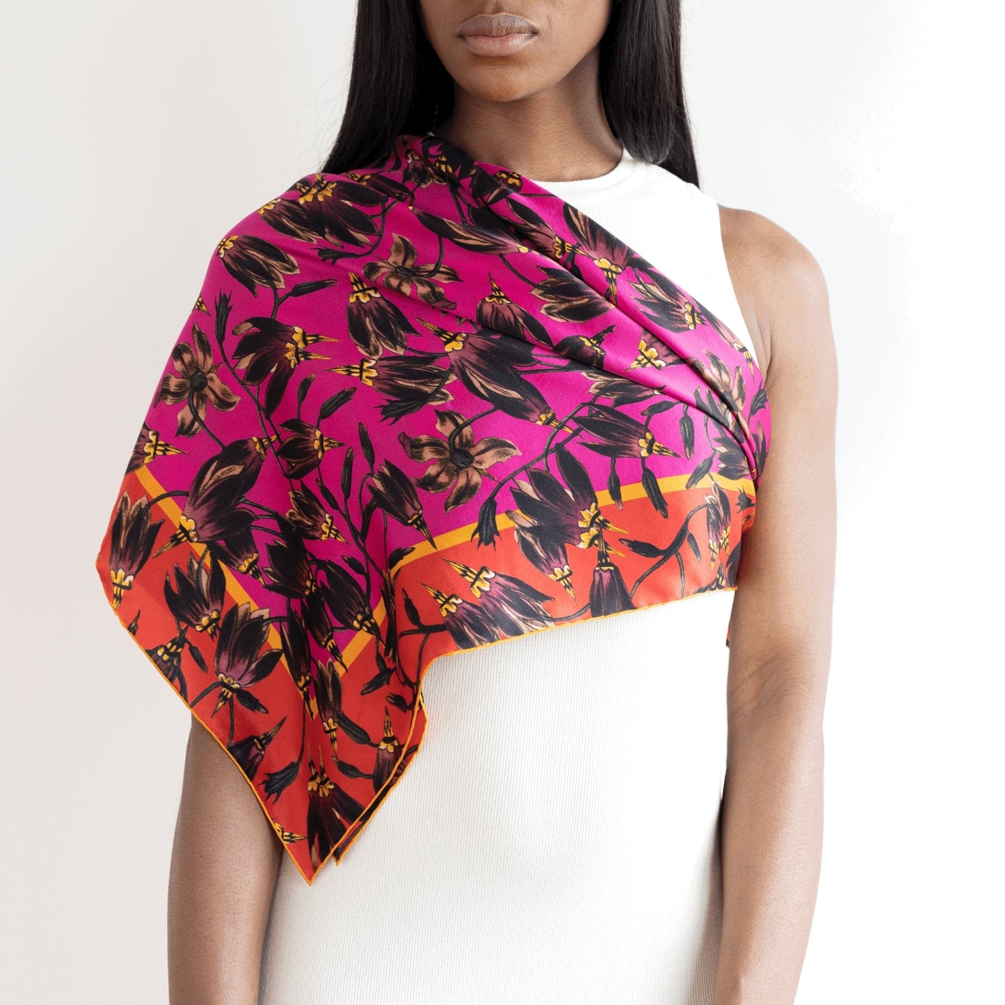 BAPTISTE Scarves Pink / Red / Square Scarf Pasque Print Silk Satin Scarf - Pink