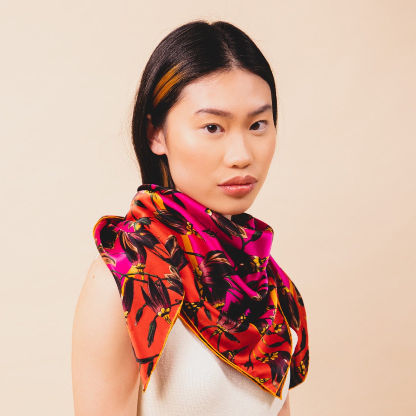 BAPTISTE Scarves Pink / Red / Square Scarf Pasque Print Silk Satin Scarf - Pink