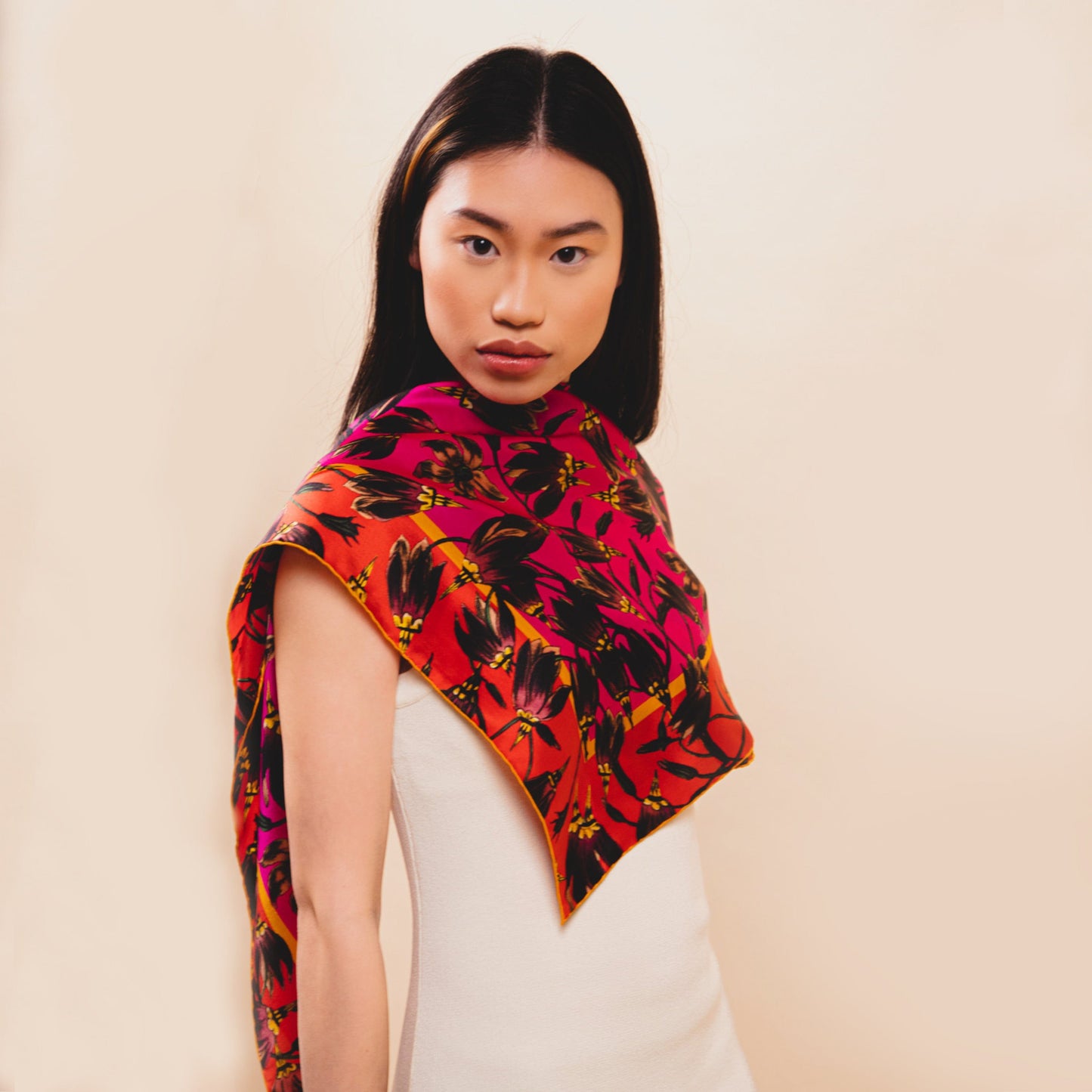 BAPTISTE Scarves Pink / Red / Square Scarf Pasque Print Silk Satin Scarf - Pink
