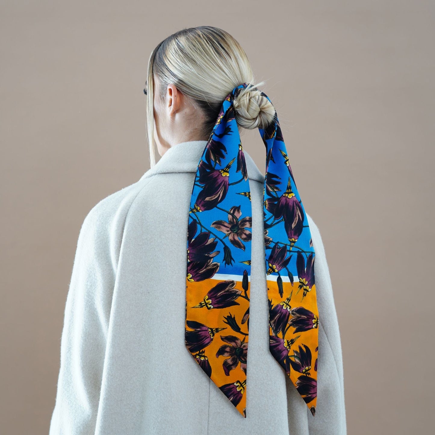 BAPTISTE Scarves Saffron / Blue / Twilly Scarf Pasque Print Silk Satin Twilly - Blue